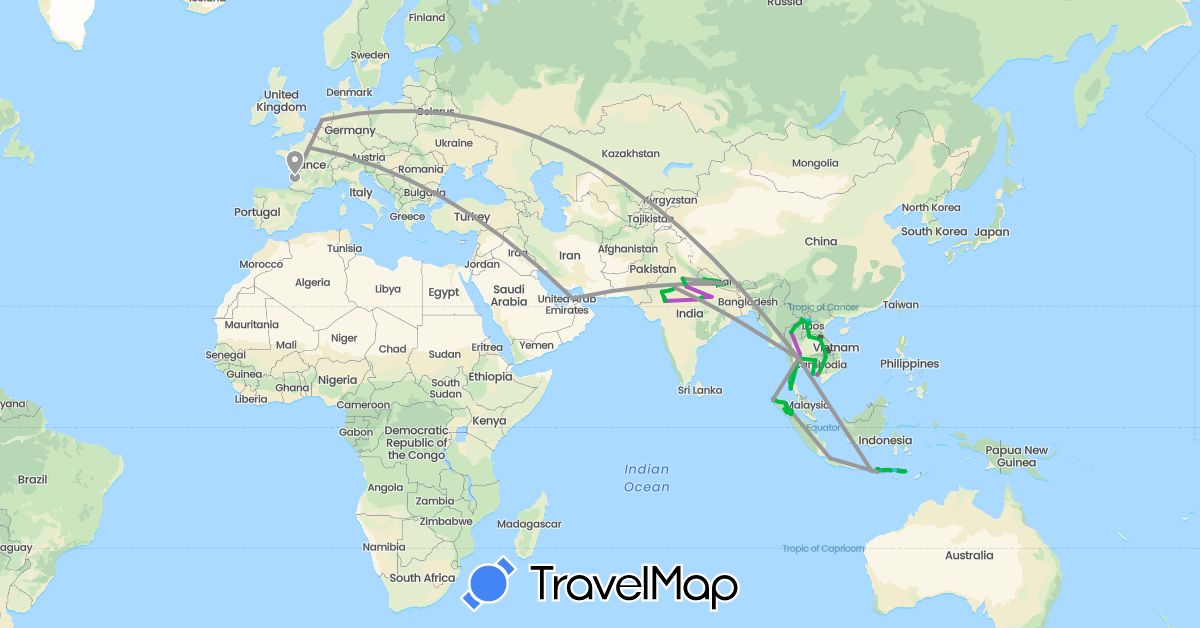 TravelMap itinerary: driving, bus, plane, train, hiking, boat, hitchhiking, motorbike in United Arab Emirates, France, Indonesia, India, Cambodia, Laos, Netherlands, Nepal, Thailand (Asia, Europe)